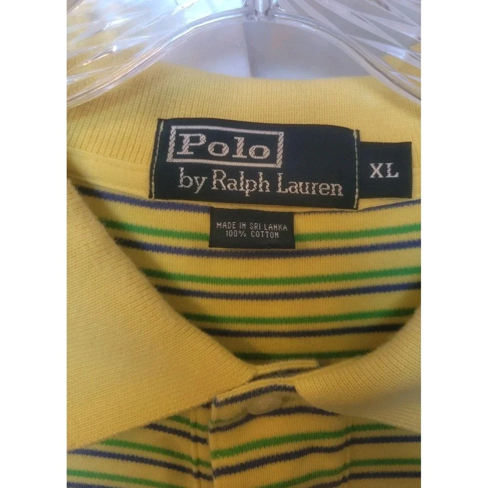 Vintage Ralph Lauren Polo Rugby Shirt yellow & blue striped pique‎ cotton sz XL